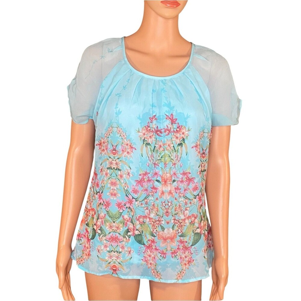 Fairycore Lightweight Blouse Floral Sheer Sleeve Flowy Ethereal Scoop Neck SZ SM